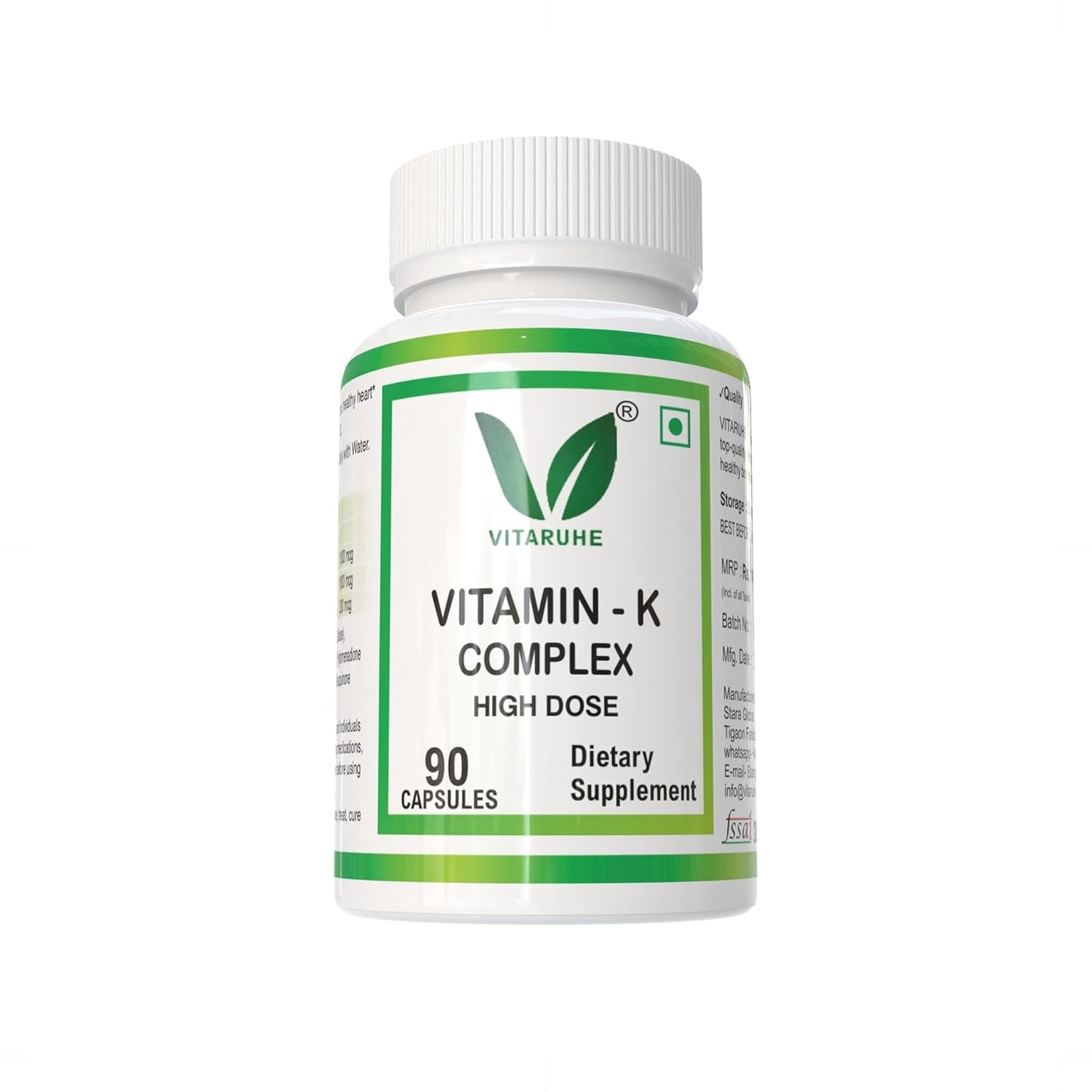 VITARUHE® Vitamin K Complex, High Dose K1 + K2 Menaquinone High Strength & Vegan (MK4 +MK7), 90 Capsules for 3 Months, Best Bioavailability, Supplement Without Additives (1)
