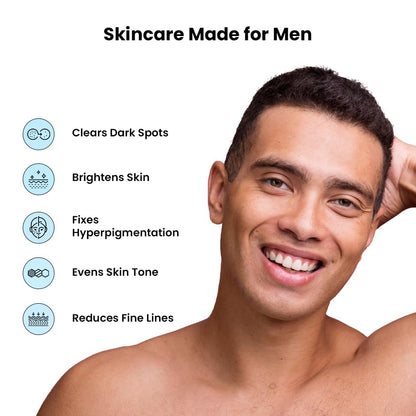 Man with skincare benefits listed on a white background