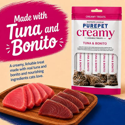 Purepet Creamy Lickable Cat Treats(15g x 24 Pieces) 360g | Tuna & Bonito Flavour | Rich in Protein | Taurine for Heart & Vision | Ideal for Training | Promotes Hydration| for Kitten & Adult Cats