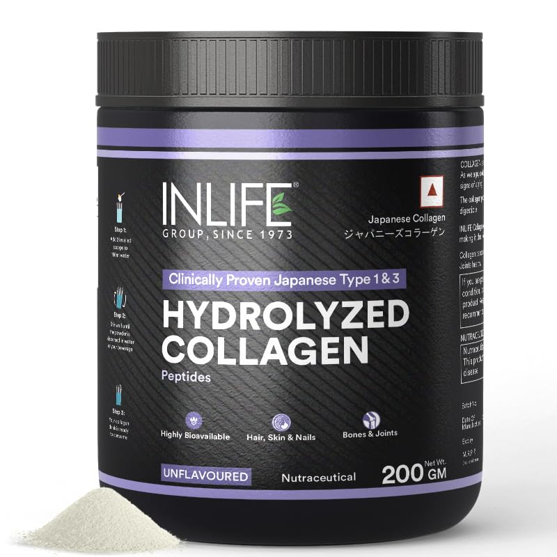 INLIFE Japanese Hydrolyzed Collagen Peptides Powder Clinically Proven Ingredient, Type 1 & 3, Skin Health, Bone Health Supplement for Men & Women (Unflavoured, Collagen, 200g)