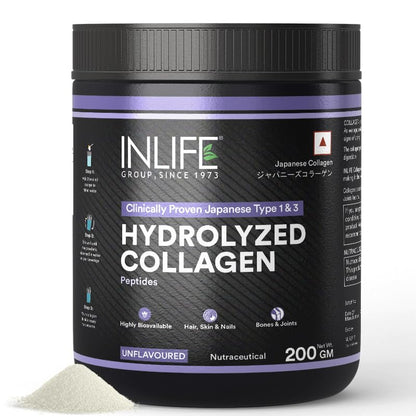 INLIFE Japanese Hydrolyzed Collagen Peptides Powder Clinically Proven Ingredient, Type 1 & 3, Skin Health, Bone Health Supplement for Men & Women (Unflavoured, Collagen, 200g)