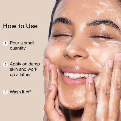 Woman applying a skincare product with text on how to use it