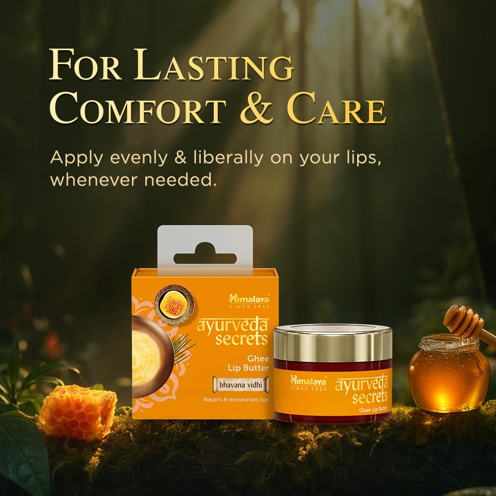 Himalaya Ayurveda lip butter packaging with honeycomb and honey on a natural background