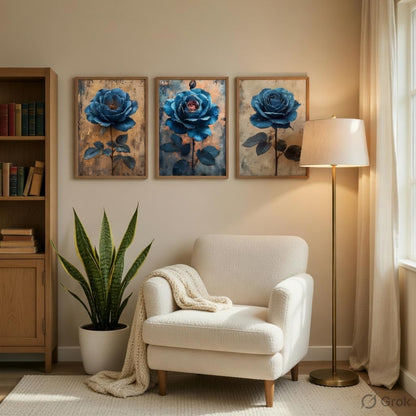 Blue Rose Floral Wall Painting Set of 3 with Wooden Frames | Elegant Botanical Flower Artwork HD Sparkle Laminated MDF Wall Decor | Modern Rose Wall Art for Living Room Bedroom