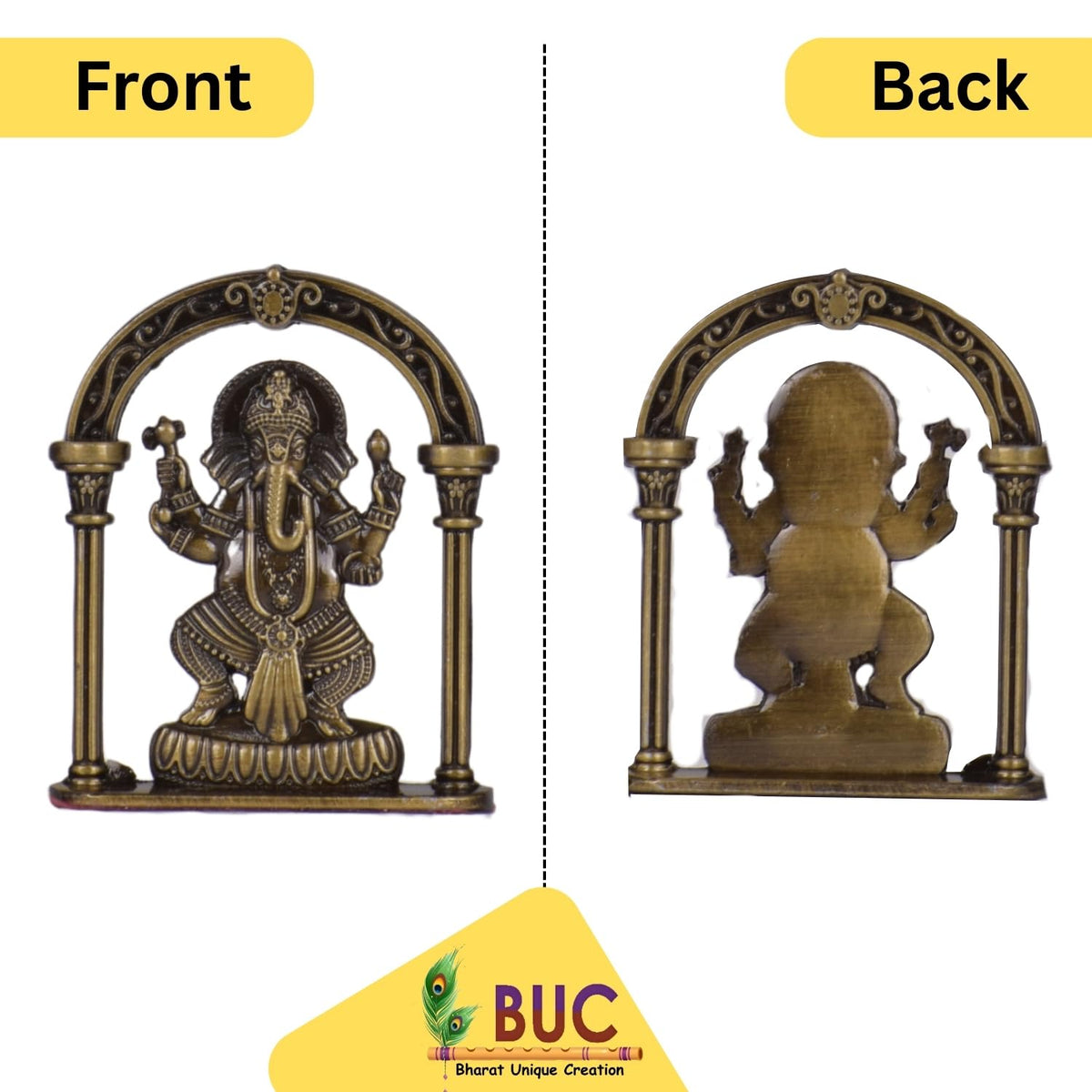 Gajanan Ganesh Ji with Artistic Frame Idol for Car Dashboard – Brass Finish Ganpati Ji Murti Spiritual Decor for Home, Car & Office (S975-BRS)