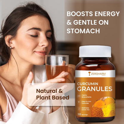 ZEROHARM Curcumin Granules from Turmeric | Easy-Mix Golden Wellness Drink for Immunity & Skin Health | Highly Bioavailable | No Mess, No Powder | Tea & Coffee Alternative for Men & Women | 100 Grams