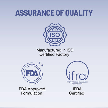 Quality assurance logos including ISO, FDA, and IFRA on a light blue background