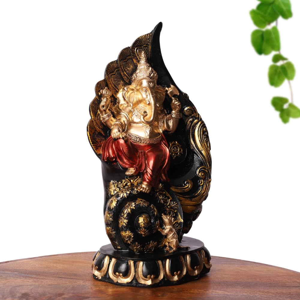 Ganpati Idol Statue | Polyresin Seated on Shankh Design with Red Robe | Showpiece for Mandir, Table, Home Decoration
