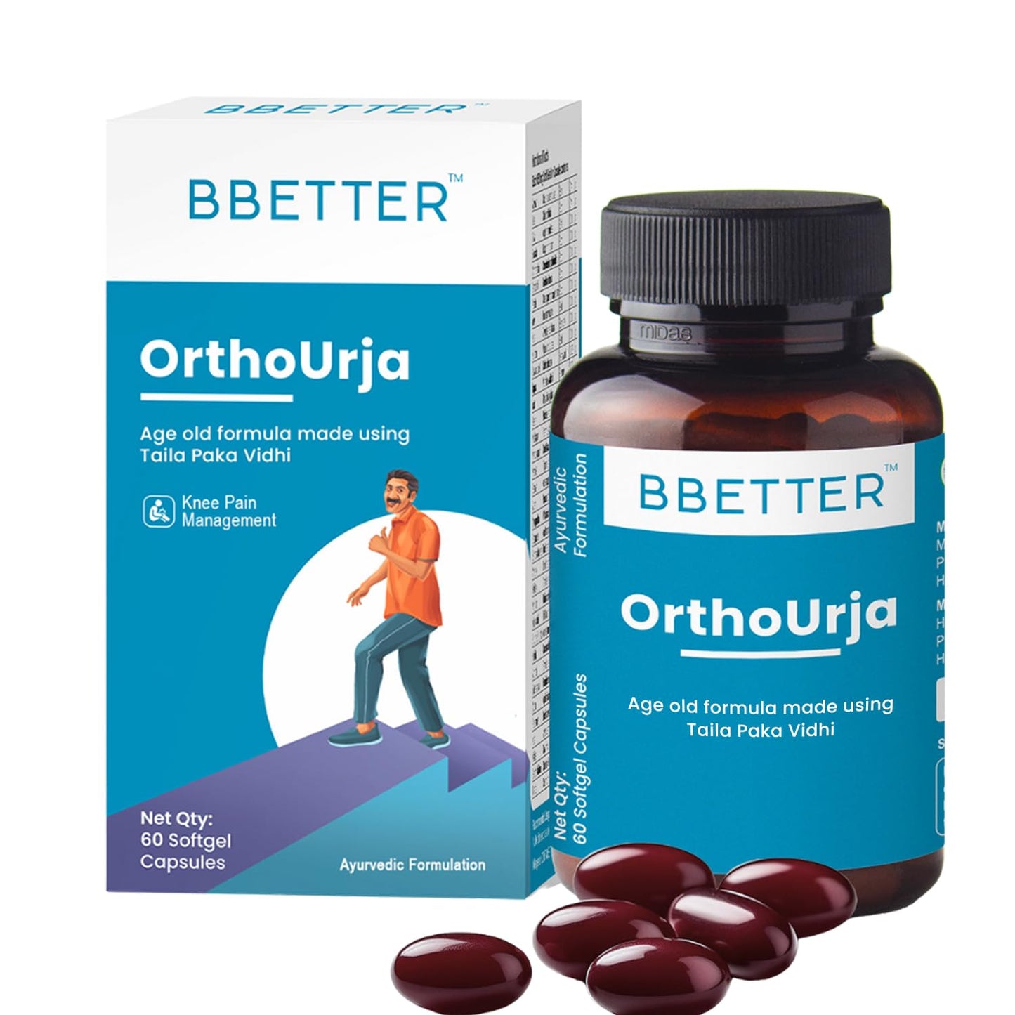 BBETTER OrthoUrja -Lab Tested Ayurvedic Medicine for Knee pain, Joint Pain & Arthiritis Relief | Made by Taila Paka Vidhi Method | 60 Softgels
