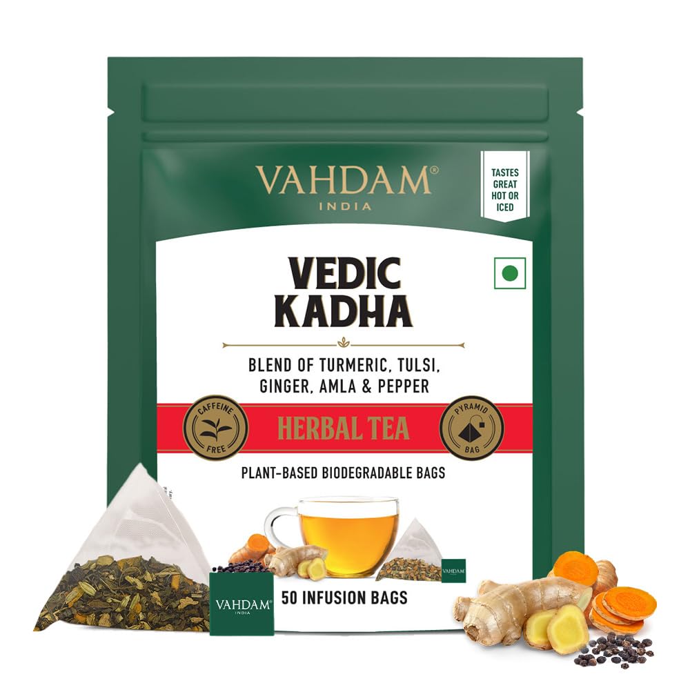 VAHDAM, Vedic Kadha Infusion Bags – 50 Pyramid Bags | Caffeine Free | Botanical Tisane – Earthy & Savory | Resealable Ziplock Pouch