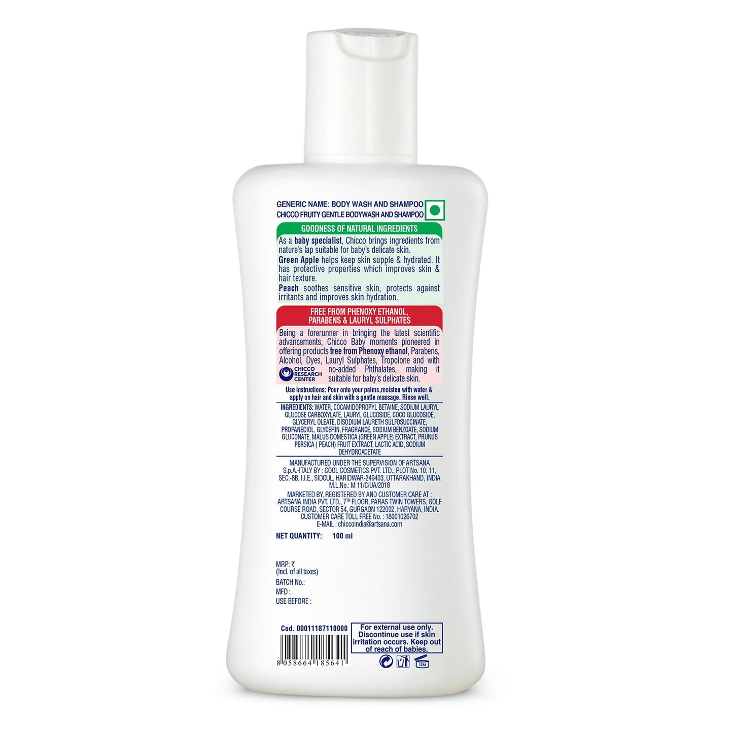 Chicco Baby Moments Gentle Bodywash & Shampoo with Green Apple & Peach, 100ml | Head-to-Toe | No Tears Formula | Hydrated Skin & Hair | Dermatologically Tested | Parabens & Phenoxyethanol Free