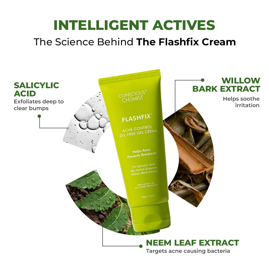 Flashfix cream tube with salicylic acid, willow bark extract, and neem leaf extract labels on a white background.