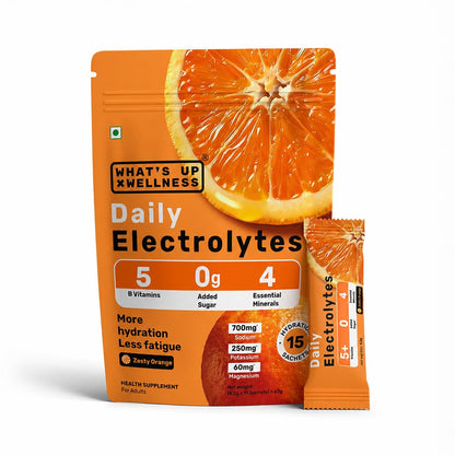 What's Up Wellness Daily Electrolytes Powder - Zesty Orange Flavour | Zero Added Sugar | Instant Hydration - Sodium, Potassium, Magnesium & Zinc | Vegan | 15 Sachets