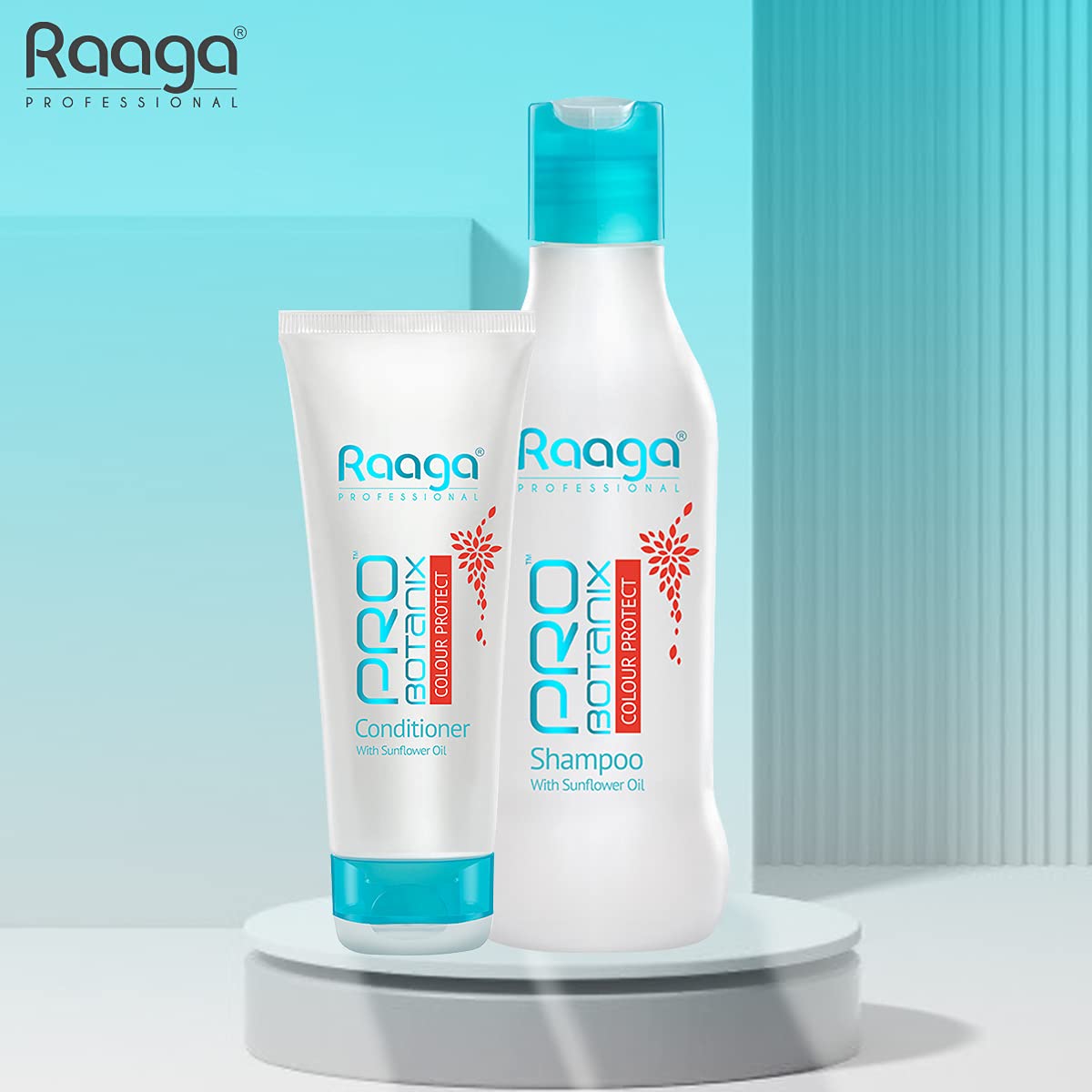 Raaga shampoo and conditioner bottles on a light blue background