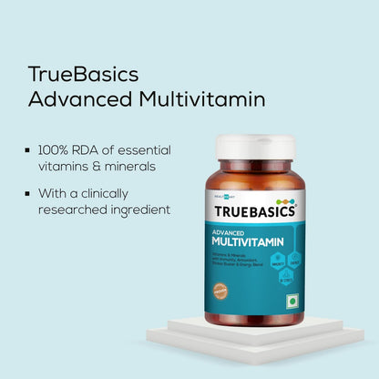 TrueBasics Advanced Multivitamin bottle on a light blue background
