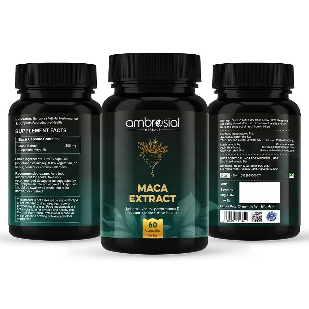 Three bottles of Ambrosial Maca Extract on a white background