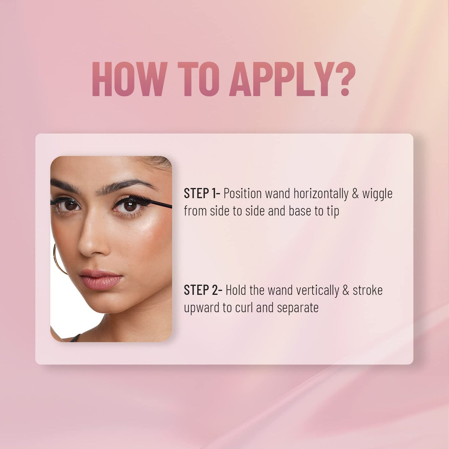 Instructions on applying eyelash curler with a pink gradient background