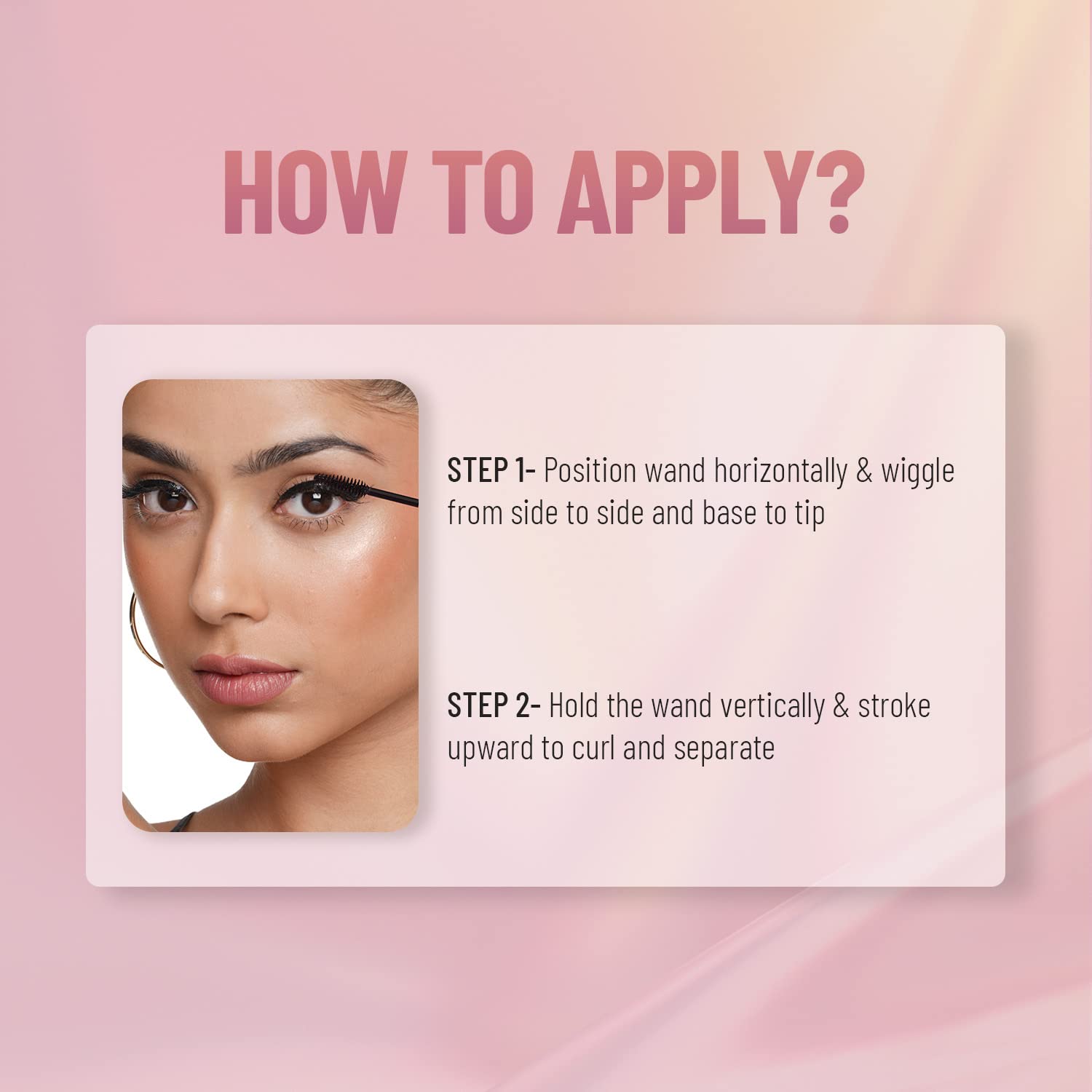 Instructions on applying eyelash curler with a pink gradient background