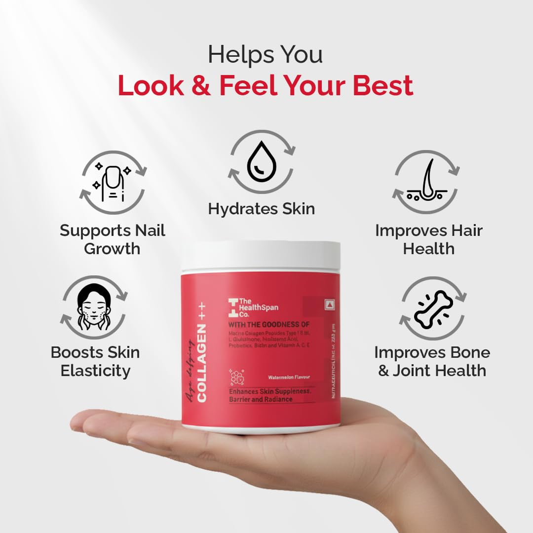 The Healthspan Co. Pure Korean Marine Collagen 250g for Skin, Hair, Nails, Bones & Joints, Hydrolyzed Collagen I & III Powder with Biotin, Hyaluronic Acid & L-Glutathione for Women & Men, Watermelon Flavor, 25 Serves