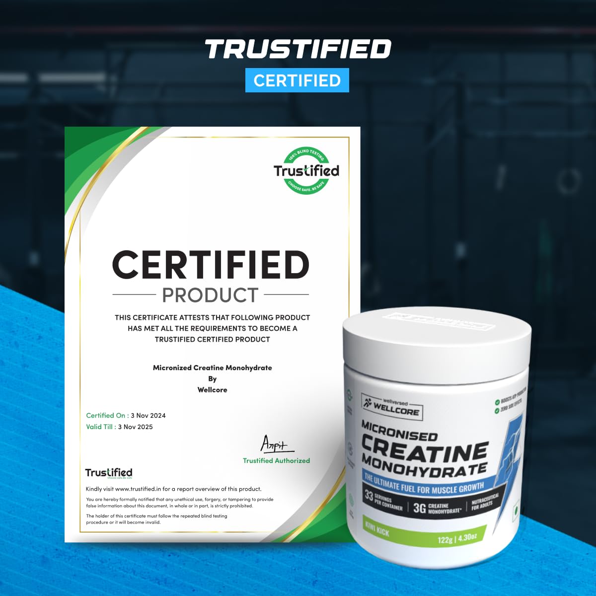 Wellcore - Pure Micronised Creatine Monohydrate Powder | Kiwi Kick | (122g, 33 servings) | Lab Tested For Fast Absorption & Recovery