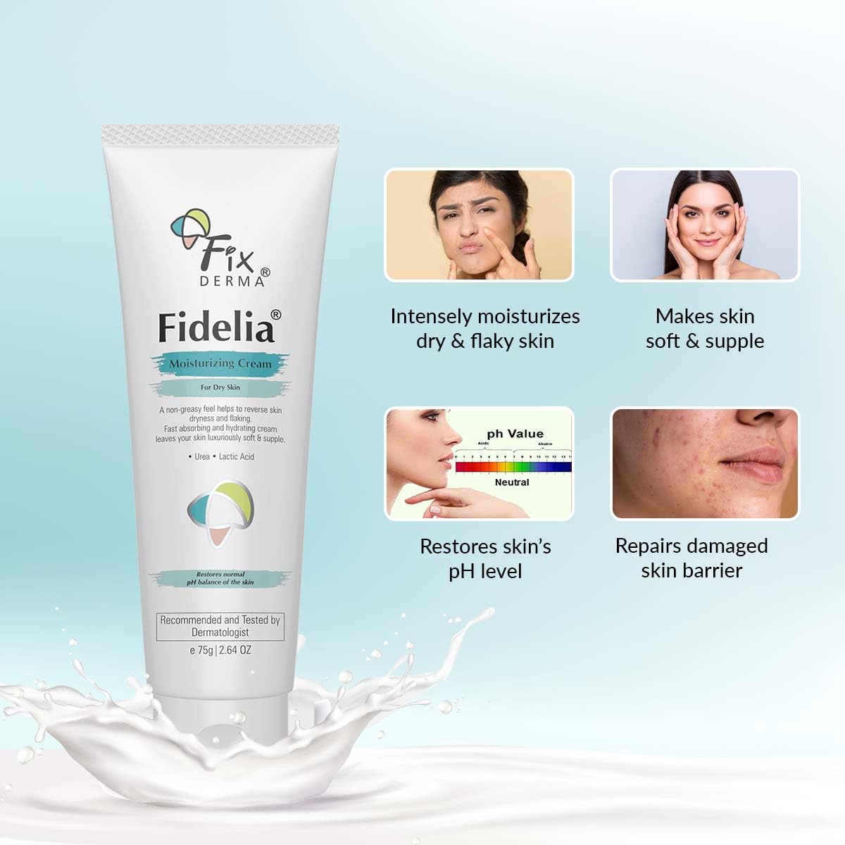 Fixderma Fidelia Moisturizing cream | Daily Moisturizer for Dry & chapped skin | Provides Hydration and Moisturization, Non-Comedogenic & Non-Greasy formulation - 75 gm