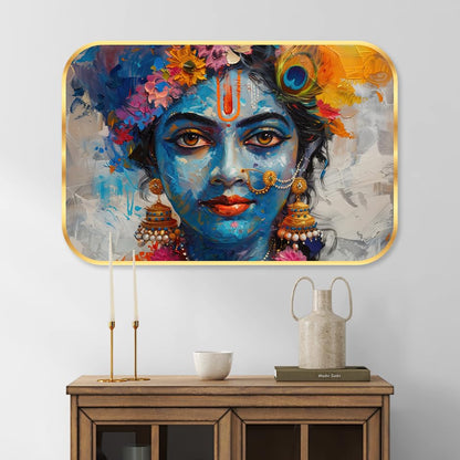krishna religious modern art Premium Sparkle Lamination Finished Surface Golden Slim Frame 35 cm x 28 cm Large Size, For Home/Office/Hotel painting KG61