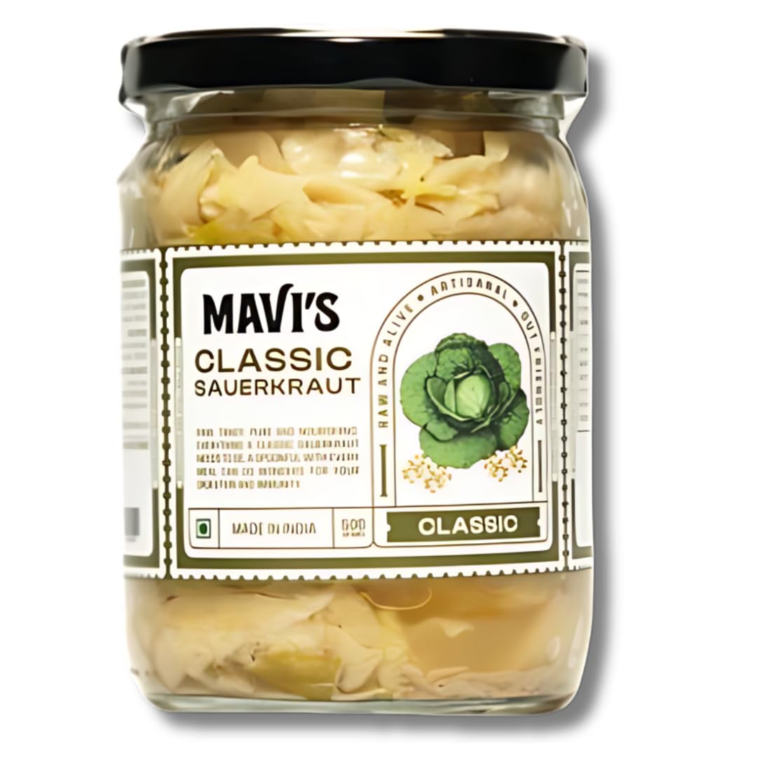 MAVI's Classic Sauerkraut| Organic Cabbage & Ajwain seeds | Gut friendly | 100% Natural & Vegan | No Preservatives | No Artificial Flavour or Colour | 500g (Pack of 1)