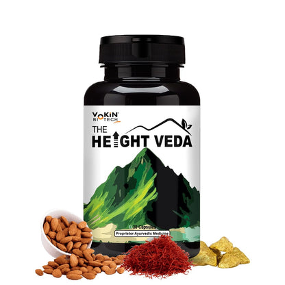 Supplement bottle labeled 'The Height Veda' with natural ingredients on a white background