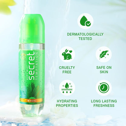Green bottle with 'Secret Temptation' branding on a light blue background with product features listed.
