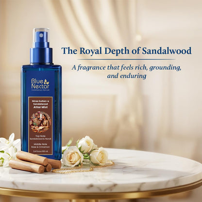 Blue Nectar Sultan-e Sandalwood Attar Mist | Perfume Mist for Men & Women| Long Lasting Chandan Attar with Rose & Cinnamon | Woody Floral Body Mist | Travel Friendly (100 ml)