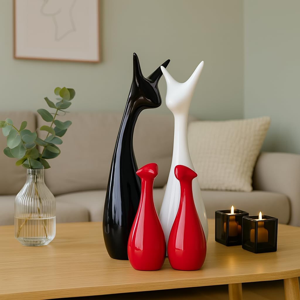 Home Decor Lucky Deer Family Statue Piano Finish Ceramic Figures - (Set of 4, Red Black, White)