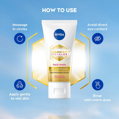 NIVEA Luminous Even Glow 2% AHA Face Wash | Oil-Free Cleanser with Aloe Vera & Guarana Extracts | Deep Cleansing Face Wash for Oily, Normal & Sensitive Skin | Exfoliating Brightening Face Cleanser for Women & Men | 100ml