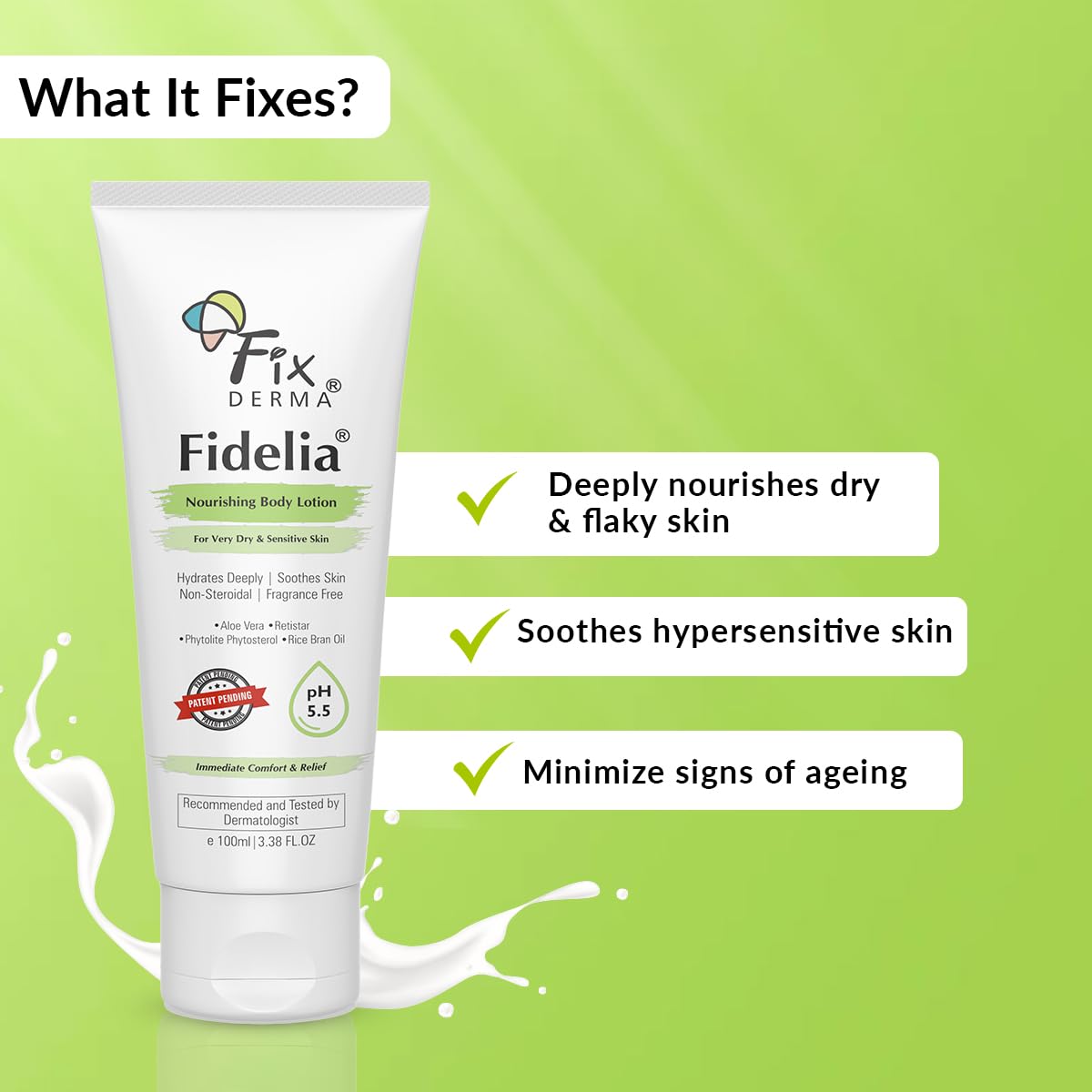 Fixderma Fidelia Nourishing Body Lotion | Moisturizer for face & Body | Body lotion for Women & Men | Body Lotion for Sensitive & Very dry skin with Rice Brain Oil & Aloe vera - 100Ml