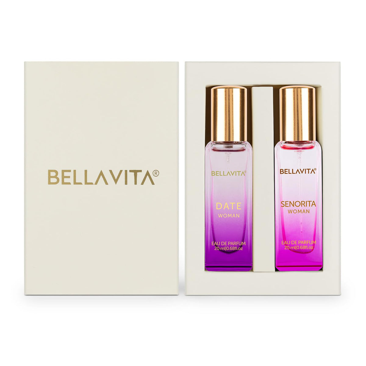 Two Bellavita perfume bottles in a box on a white background