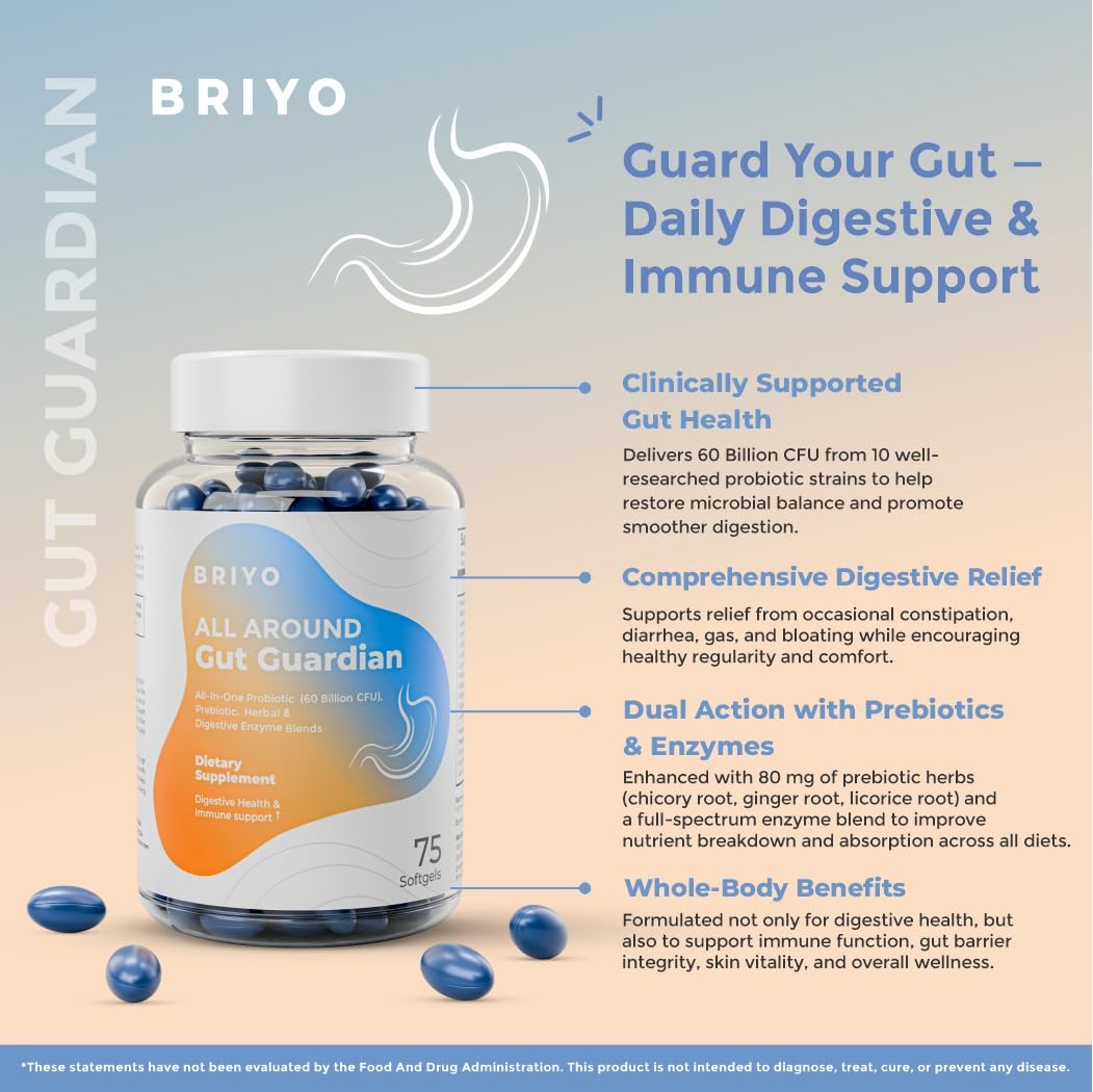 Briyo supplement bottle with product details on a light blue and beige background
