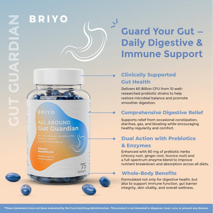 Briyo supplement bottle with product details on a light blue and beige background