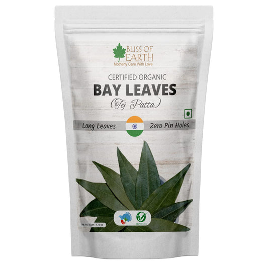 Bliss of Earth Certified Organic Indian Bay Leaves With Zero Pin Holes & Zero Dust, A1 Grade Tej Patta With Uniform Green Color, 50gm