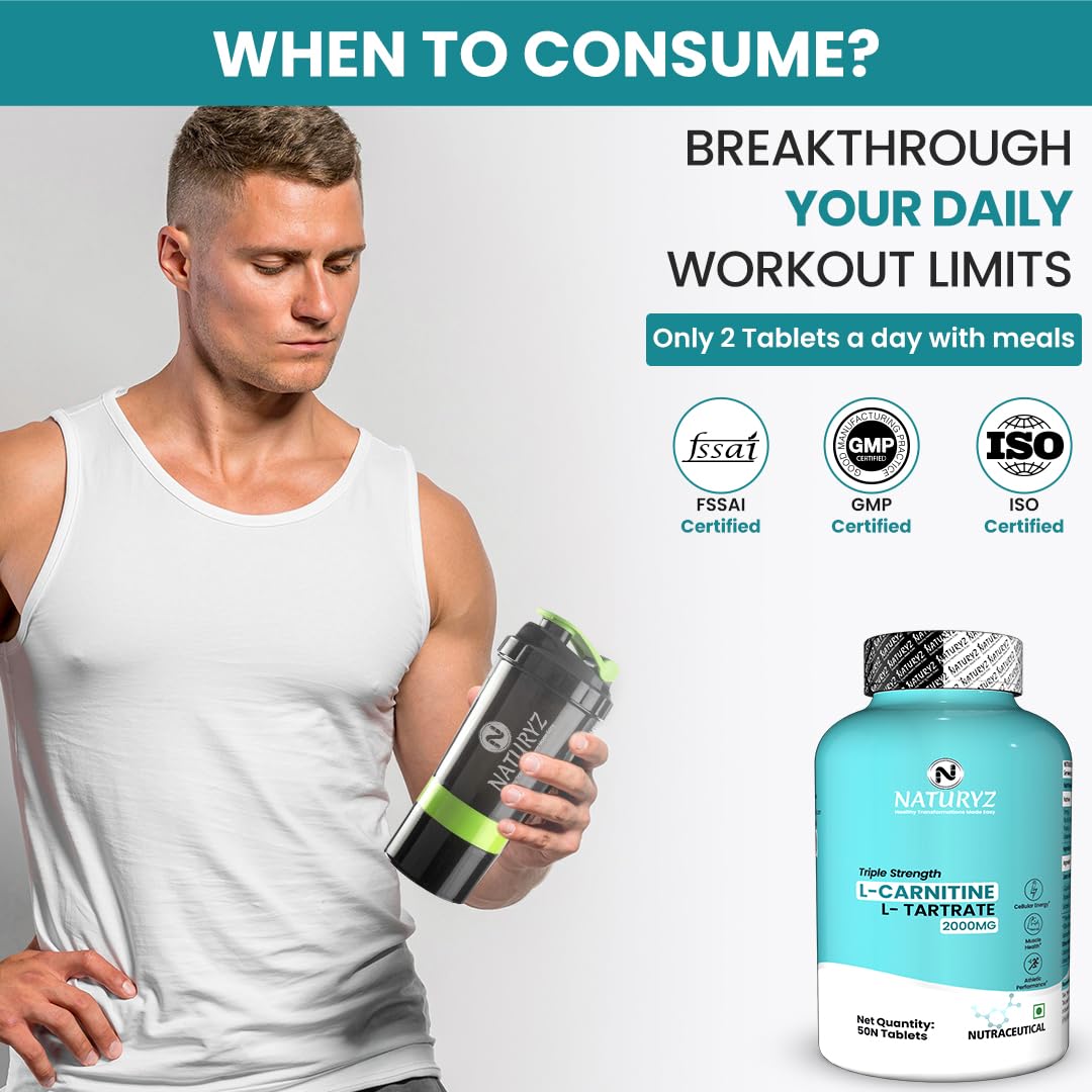 Naturyz Triple Strength L-Carnitine L-Tartrate 2000 Mg Converts Fat Into Energy|Cellular Energy & Endurance|Athletic Performance|Cutting Supplement - 50 Tablets,1 Count,50 Capsules