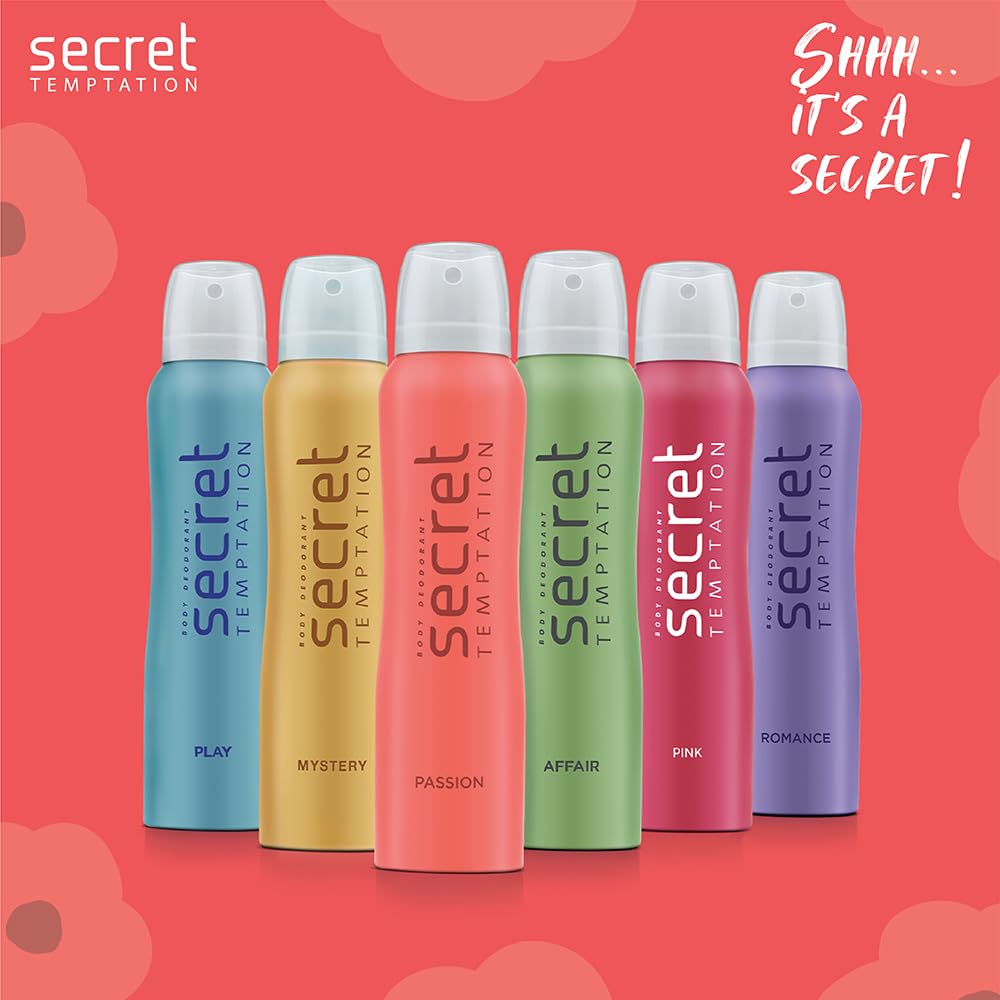 Secret Temptation deodorant bottles in various colors on a red background with text.