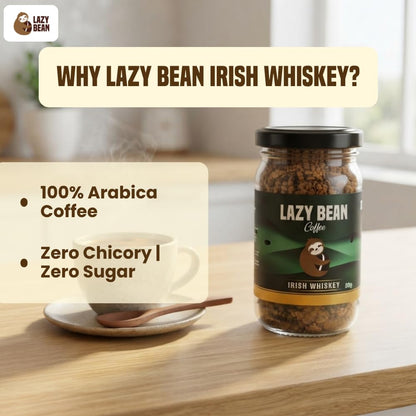 Lazy Bean Irish Whiskey Flavoured Instant Coffee | 100% Arabica Coffee | Medium Roast | Rich Whiskey-Inspired Aroma | Premium Flavoured Coffee Powder | Café Style Beverage | No Alcohol | 50g