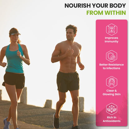 Two people running outdoors with a pink supplement information panel on the right.