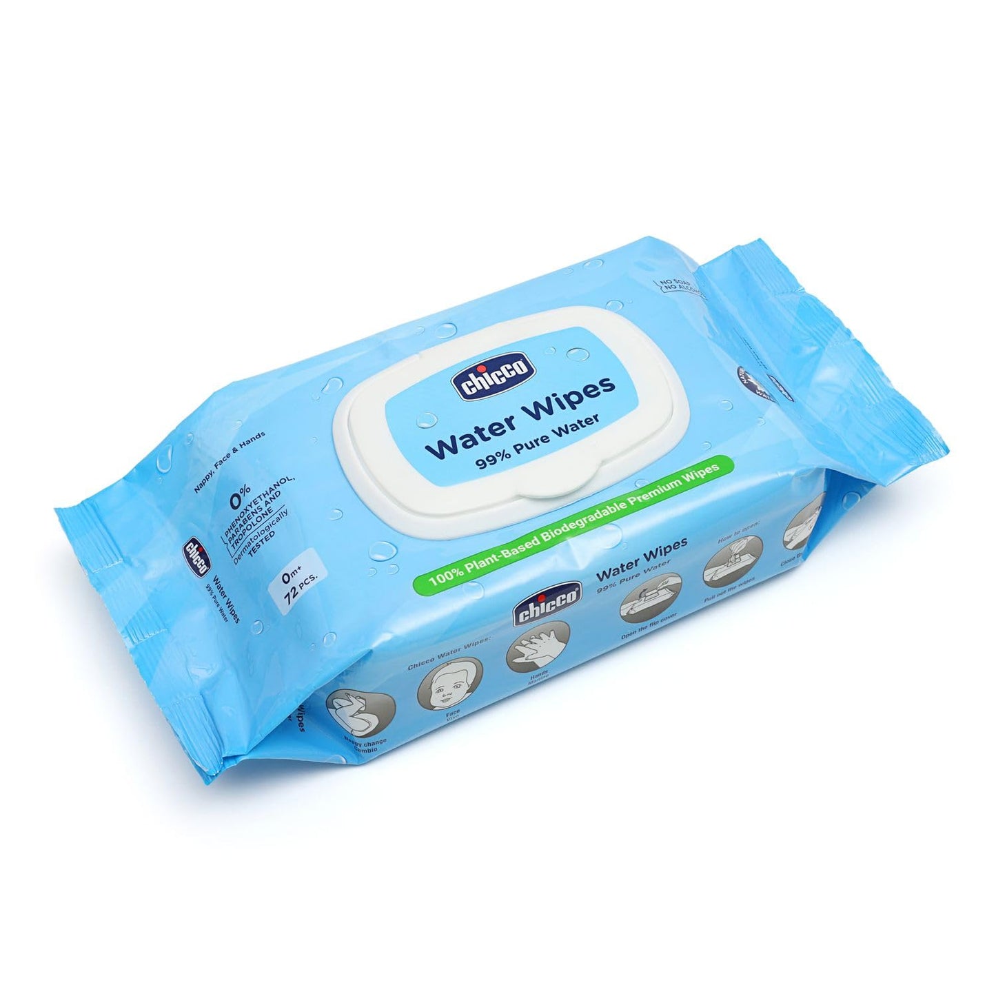 Chicco Water Wipes - 99% Pure Water Wipes 72 Pcs | 100% Plant Based | Free From Phenoxyethanol, Parabens & Alcohol