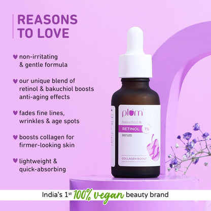 Plum 1% Retinol Advanced Anti Aging Night Face Serum with Bakuchiol | Boosts Collagen, Reduces Fine Lines & Wrinkles | Retinol Serum for Face | for Women & Men | Suits All Skin Types | 20ml