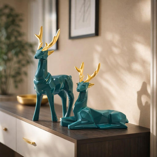 THE SACRED GIFTS Green Deer Set Handcraft Resin Animal Showpiece for Home & Office Decor | Home Decor Item| Deer/Hiran Showpiece for Home Decor(Set of 2)