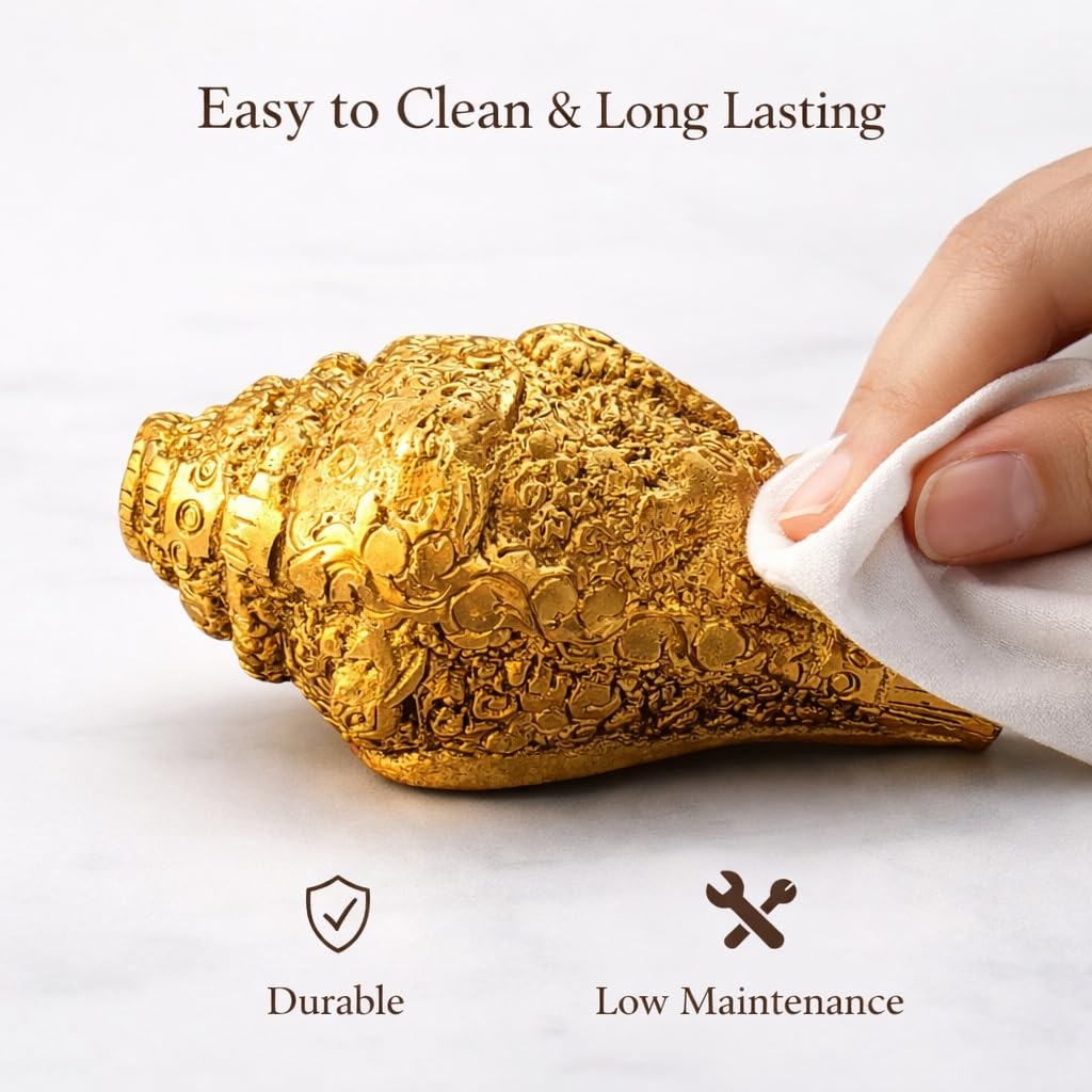 Kalakriti Metal Shankh Showpiece | Antique Gold Plated Carved Conch for Pooja Temple Vastu | Decorative Sankh for Home Décor | Auspicious Diwali Religious Gift (1 Pc)