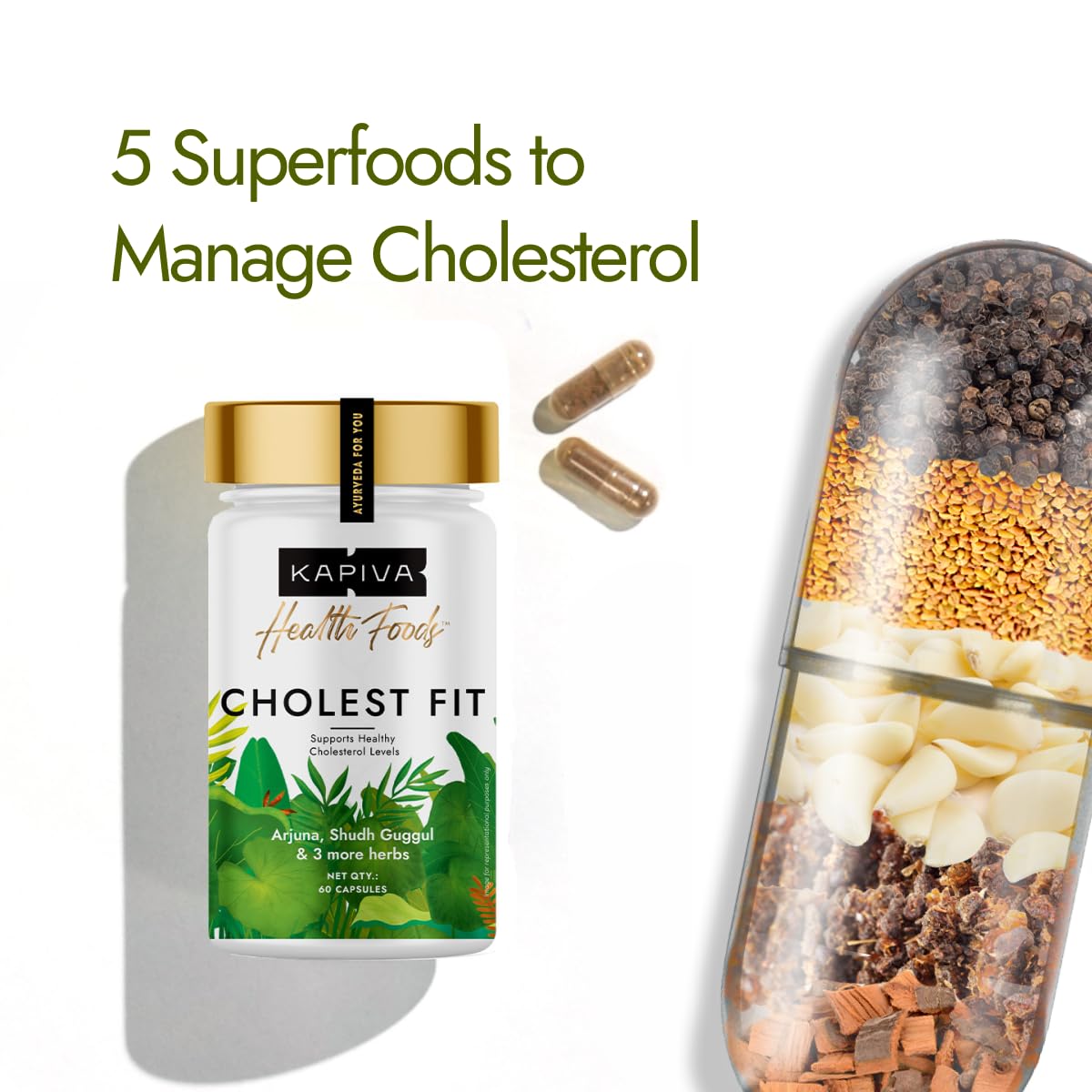 Kapiva Cholest Fit Capsules | Helps Manage Cholesterol with Arjuna, Guggul, Garlic, and 2 more herbs | 100% Ayurvedic | 1 Month Pack for Cholesterol Care | 60 Capsules/Tablets