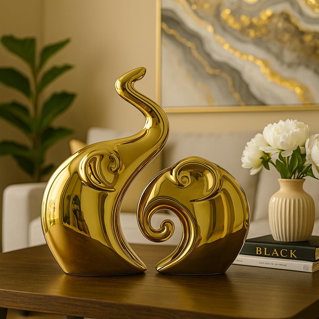 Lavish Home Decor Golden Elephant Couple Figurine | Piano Finish Ceramic Figures - (Set of 2 Piece, Gold), Love