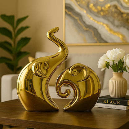 Lavish Home Decor Golden Elephant Couple Figurine | Piano Finish Ceramic Figures - (Set of 2 Piece, Gold), Love