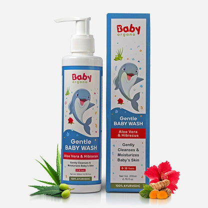 Babyorgano Baby Body Wash 200ml for Kids with Aloe Vera, Hibiscus & Neem, Cleanse Moisturize Head to Toe, All Skin Type, Paraben Free, FDCA Approved
