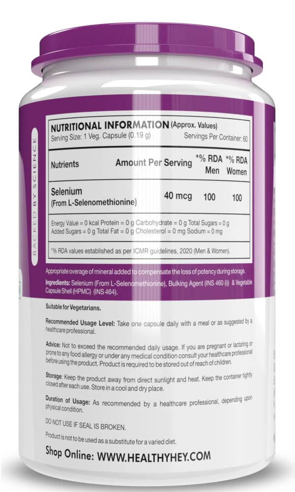 Zephivo HealthyHey Nutrition Selenium Capsules 40mcg - Superior Absorption - 60 Vegetarian Capsules
